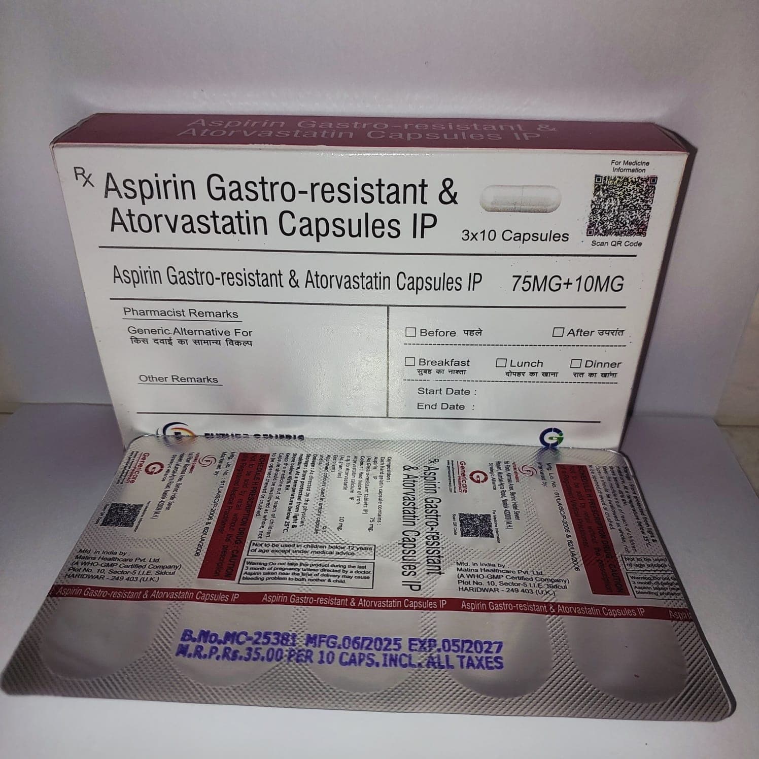 Aspirin 75 Gastro-resistant & Atorvastatin 10 Capsules IP
